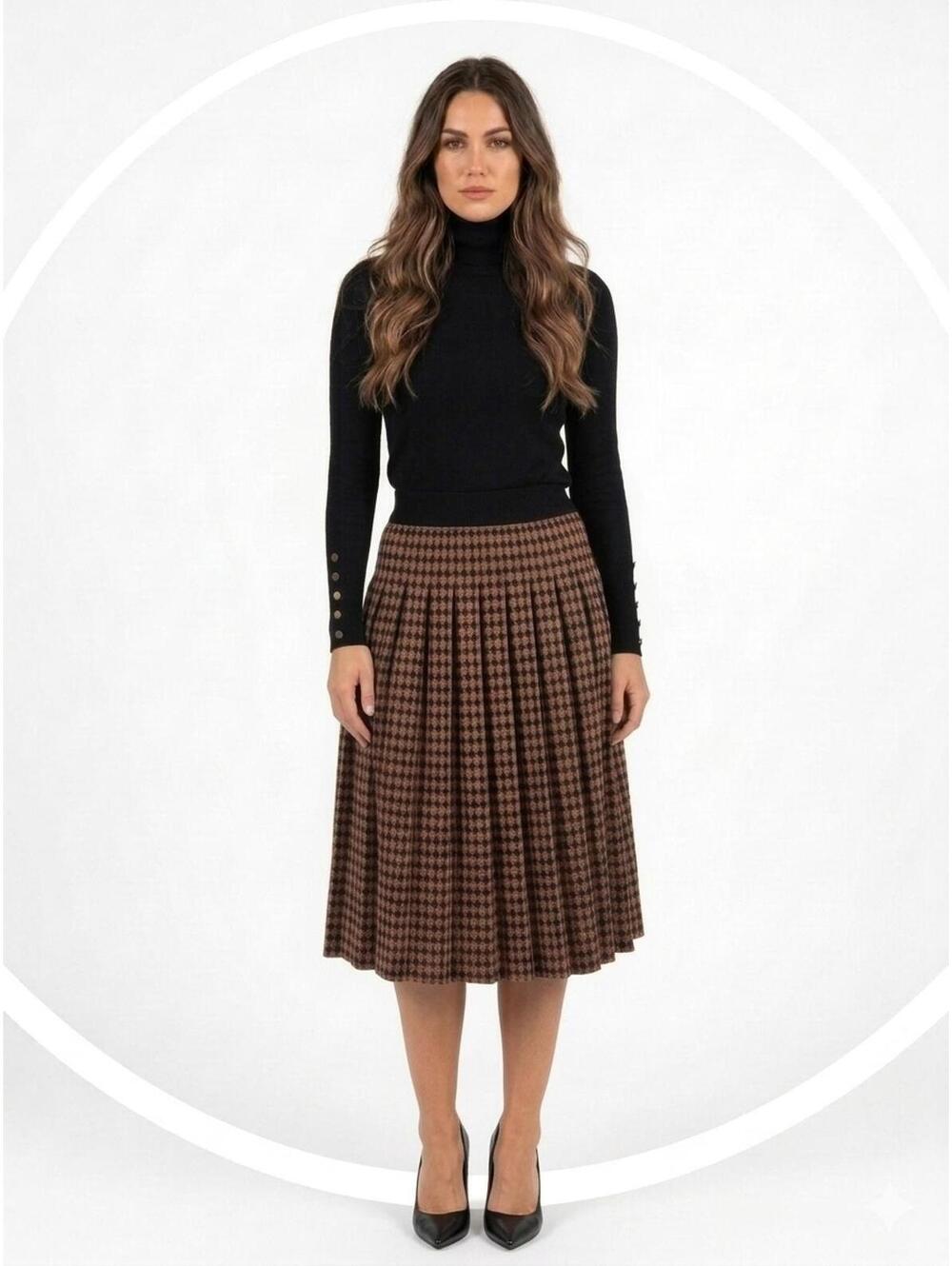 ALEEZA PARIS Wonder Skirt S Small Houndstooth Brown Black Pleated Knit NWT